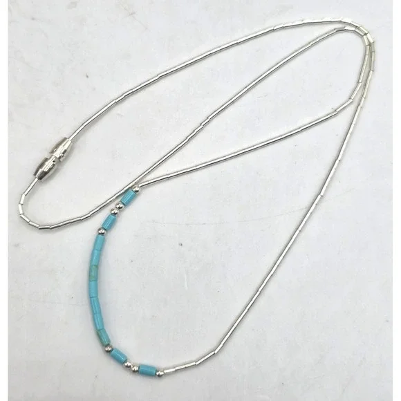 Sleeping Beauty Turquoise Heishi Beads Necklace 15.5" Long Liquid Silver 925 NEW - Picture 6 of 7